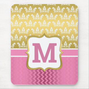 Mousepad Coroa de Princesa de Ouro Bonito e Chevron Rosa