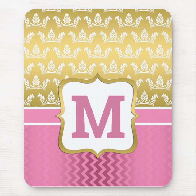 Mousepad Coroa de Princesa de Ouro Bonito e Chevron Rosa (Frente)