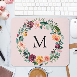Mousepad Coroa Floral de Rosa de Outono de Monograma