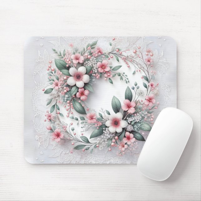 Mousepad Coroa Floral Elegante No Lace Bridal Branco (Com mouse)