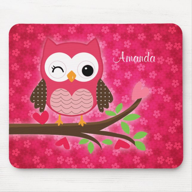 Mousepad Coruja bonito do rosa quente feminino (Frente)