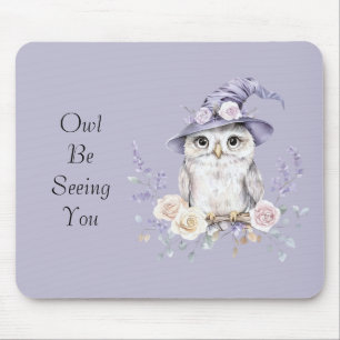 Mousepad Coruja Branca Chapéu Roxo Lindas Flores