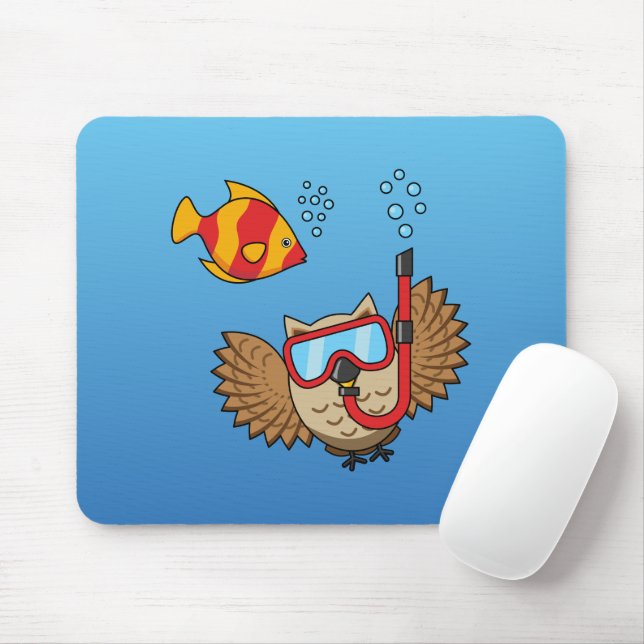 Mousepad Coruja com Máscara Snorkel e Peixes Tropicais (Com mouse)