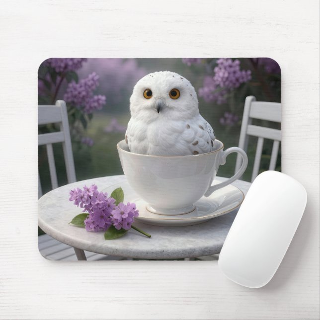Mousepad Coruja-das-neves numa Xícara de Chá com Lilases (Com mouse)