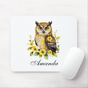 Mousepad Coruja de Aquarela com Flores Amarelas