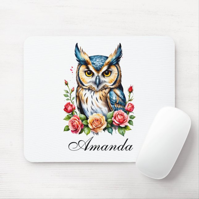 Mousepad Coruja de Aquarela com Flores Girly (Com mouse)