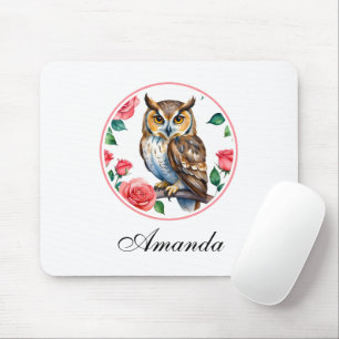 Mousepad Coruja de Aquarela Decorativa com Rosas