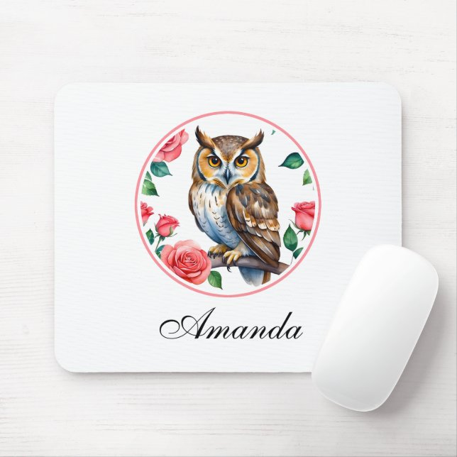 Mousepad Coruja de Aquarela Decorativa com Rosas (Com mouse)