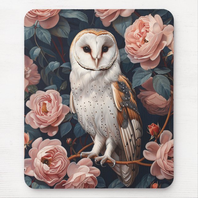 Mousepad Coruja-De-Barn Enchida Entre Rosas Rosa (Frente)