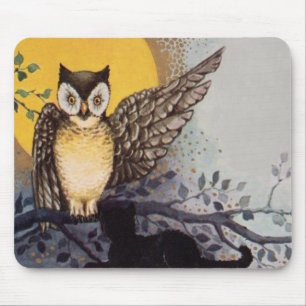 Mousepad Coruja Gato Preto Árvore Lua Cheia Noite