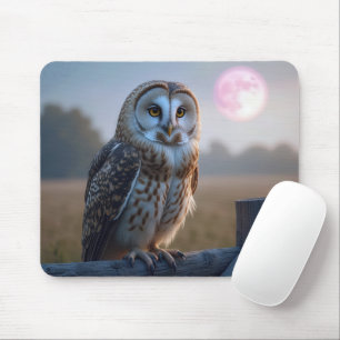 Mousepad Coruja numa cerca com lua rosa