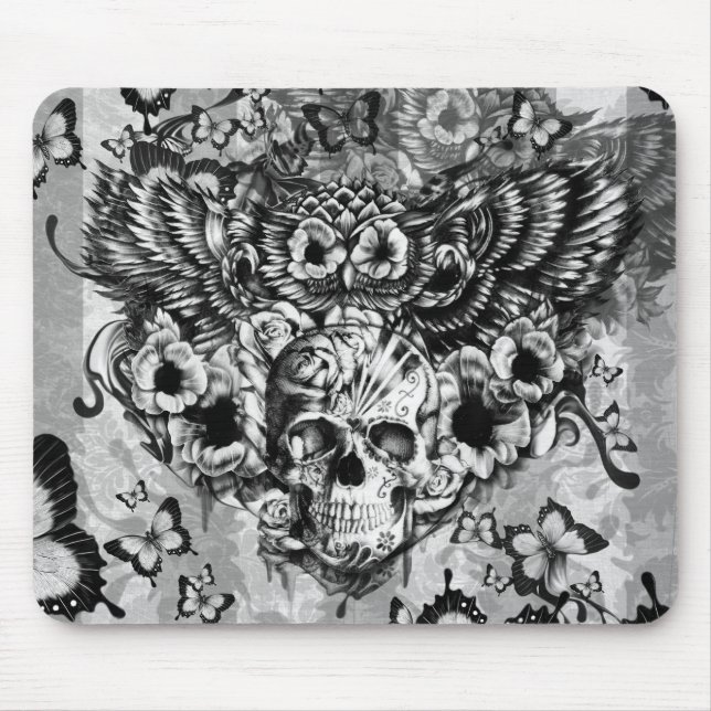 Mousepad Coruja perdida e encontrada, floral com crânio do (Frente)