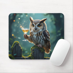 Mousepad Coruja segurando um coquetel em uma floresta místi