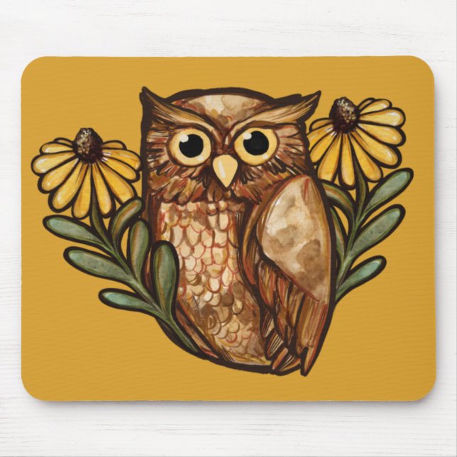 Mousepad Corujas de Flores Susan Owl de Olho Negro (Frente)