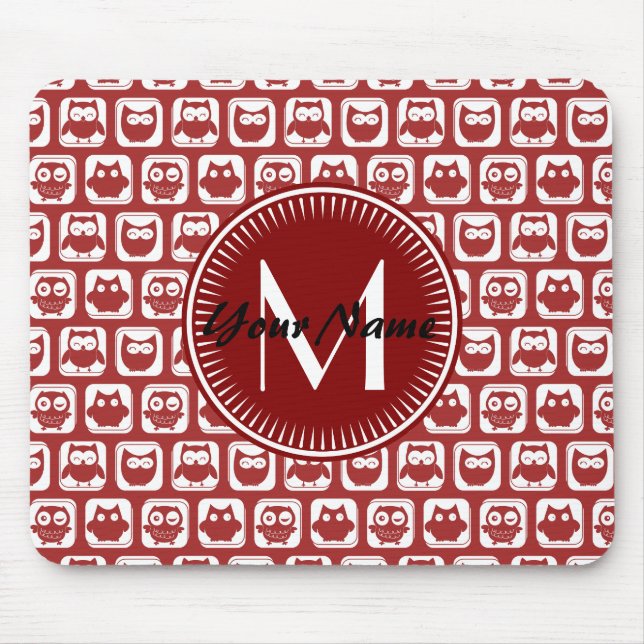 Mousepad Corujas Vermelhas Monogramadas, Nome Personalizado (Frente)