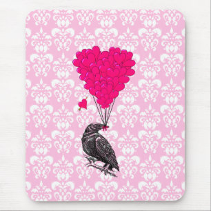 Mousepad Corvo e coração em damasco rosa