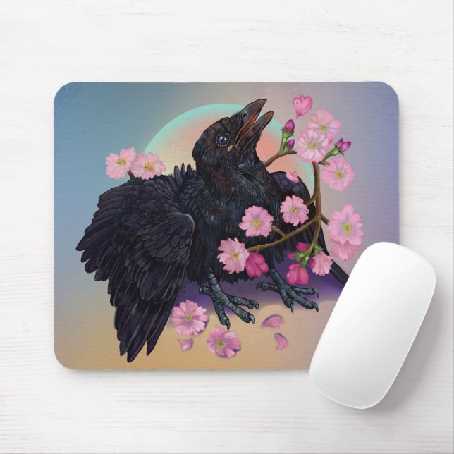 Mousepad Corvo-preto com flores de maçã (Com mouse)