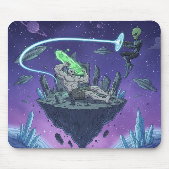 Mousepad Cosmic Showdown — Alien vs Buff Titan (Frente)