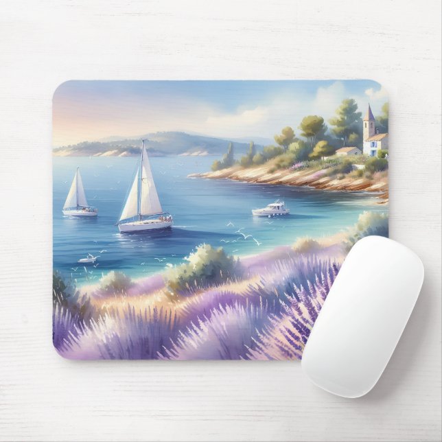 Mousepad Costa Lavanda do Mediterrâneo com embarcações de n (Com mouse)