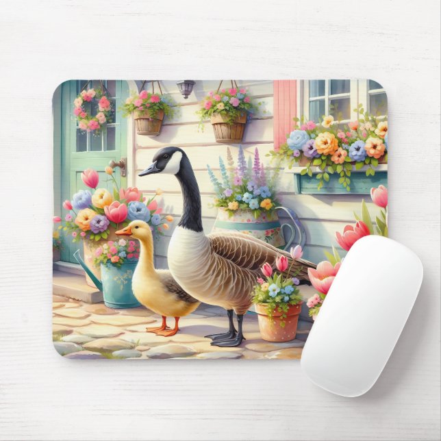 Mousepad Cottage Garden Geese Spring Illustration (Com mouse)