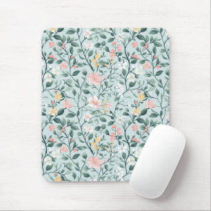 Mousepad Cottagecore Aquarela Flores Verde Rosa