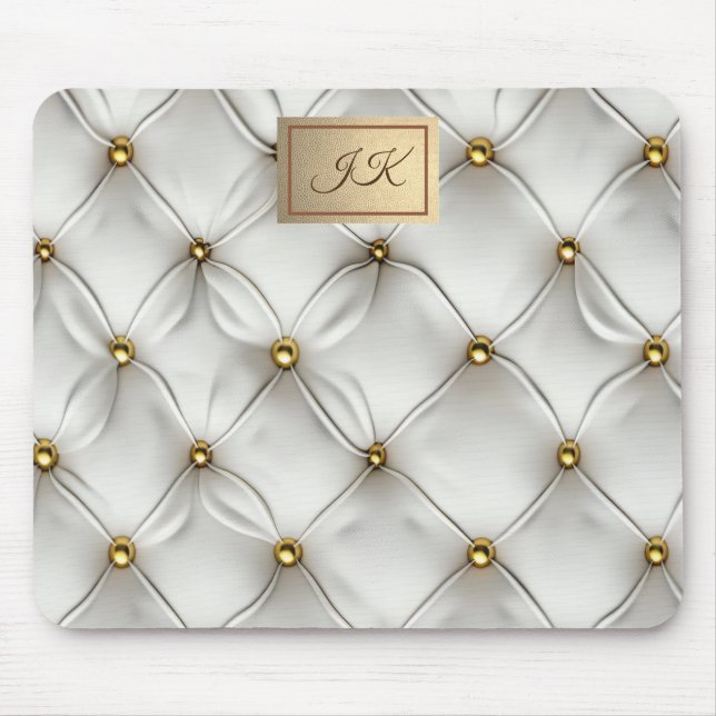 Mousepad Couro Branco Elegante Moderno Tufado Dourado (Frente)