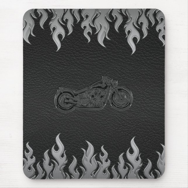 Mousepad Couro Preto Chamas Prata Cromo Motocicleta (Frente)