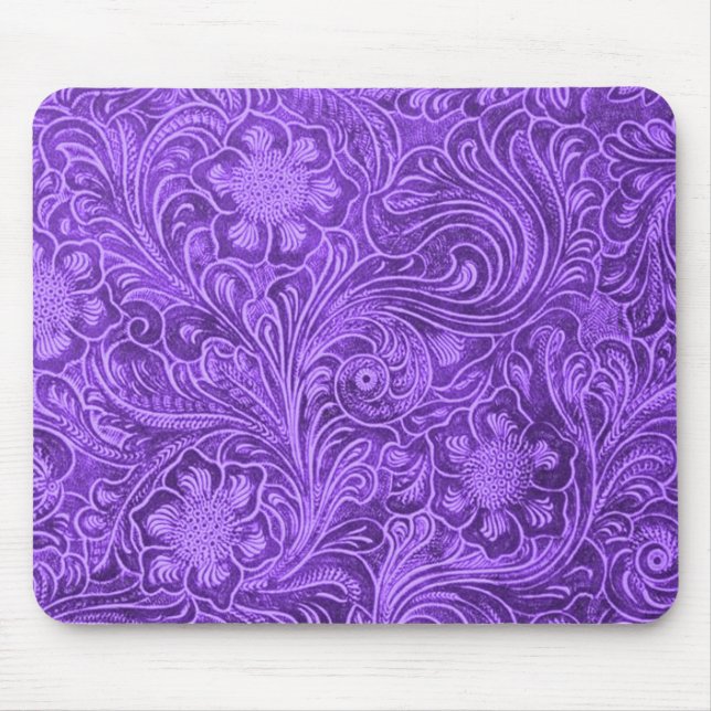 Mousepad Couro Roxo Elegante Parece Design bordado Floral (Frente)