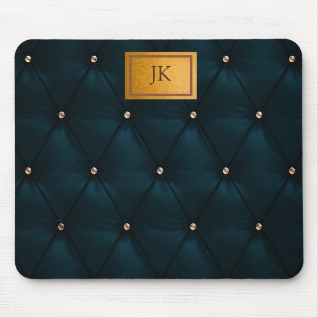 Mousepad Couro Verde Elegante,Diamantes,Monograma (Frente)