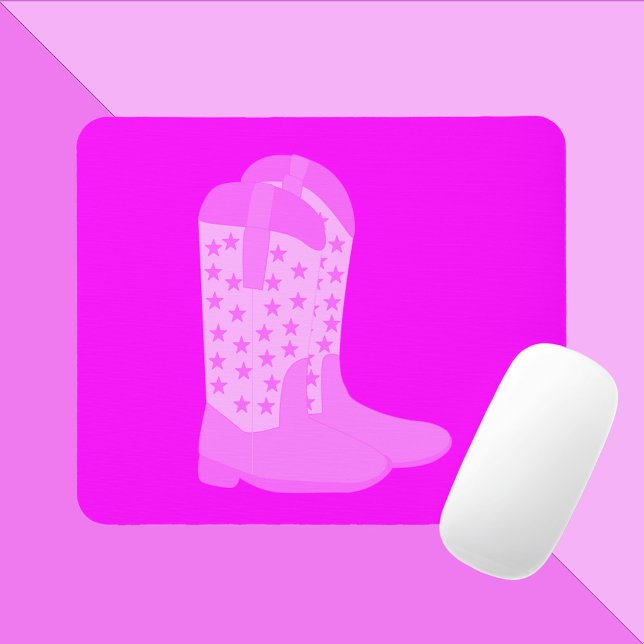 Mousepad Cowboy Boots Stars Pink Background (A mouse pad featuring a pair of pink cowboy boots with stars.)