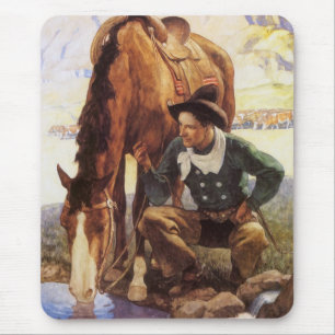 Mousepad Cowboy Cuidando de Seu Cavalo pelo NC Wyeth, Vinta