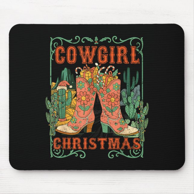 Mousepad Cowgirl Christmas Boots Cactus Retro Western Holid (Frente)
