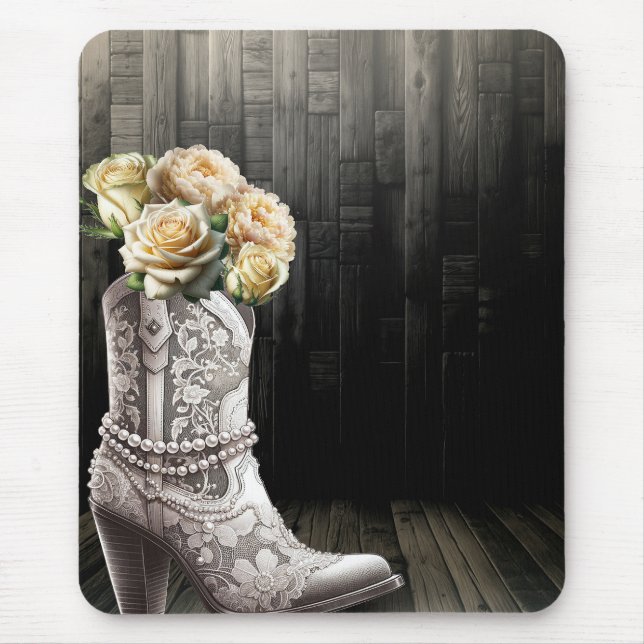 Mousepad Cowgirl Lace & Pearls Boots Flores Brancas Russas (Frente)
