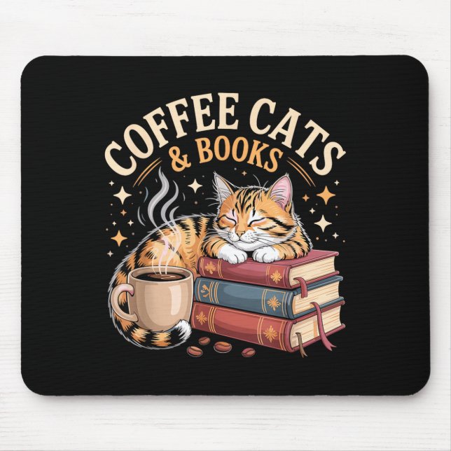 Mousepad Cozy Reading Cat Coffee And Books Lover Artwork  (Frente)