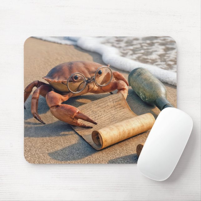Mousepad Crab Reading a Message on a Beach (Com mouse)