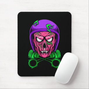 Mousepad Cráneo de Motoqueiro Zumbi Neon com Pistões Cruzad