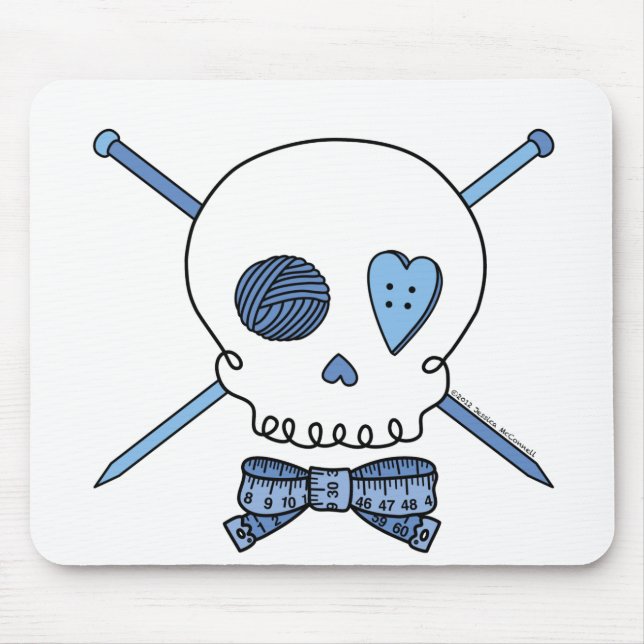 Mousepad Crânio & agulhas de confecção de malhas (azuis) (Frente)