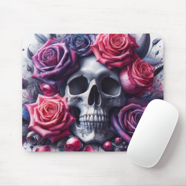 Mousepad Crânio arredondado por Rosas vibrantes (Com mouse)
