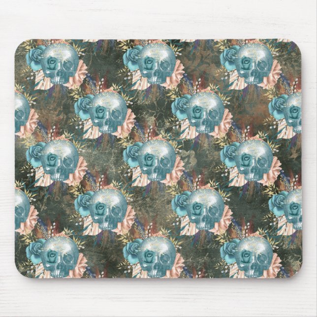 Mousepad Crânio com Rosas Azuis e Rosa (Frente)