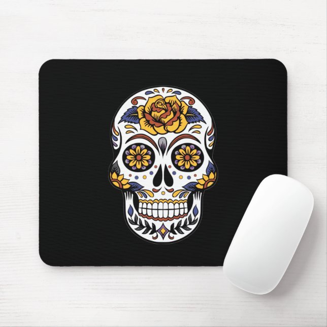Mousepad Crânio de Rosa Amarelo em Preto (Com mouse)