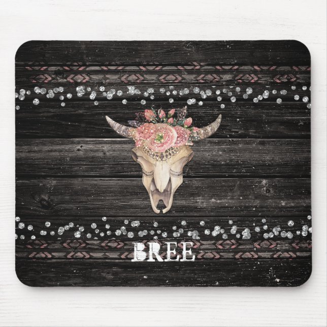 Mousepad Crânio de Vaca Floral Rústico Boho Chic Glam Prata (Frente)