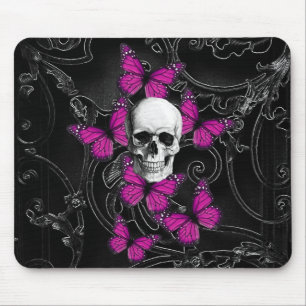 Mousepad Crânio gótico & borboletas roxas