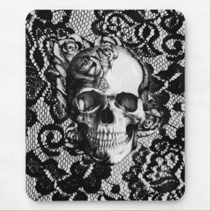 Mousepad Crânio preto e branco do rosa no fundo do laço