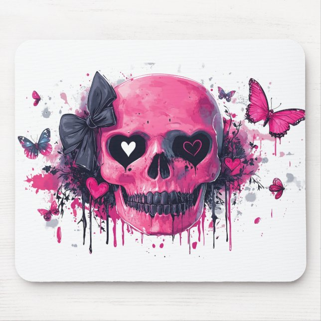 Mousepad Crânio rosa com borboletas e corações (Frente)