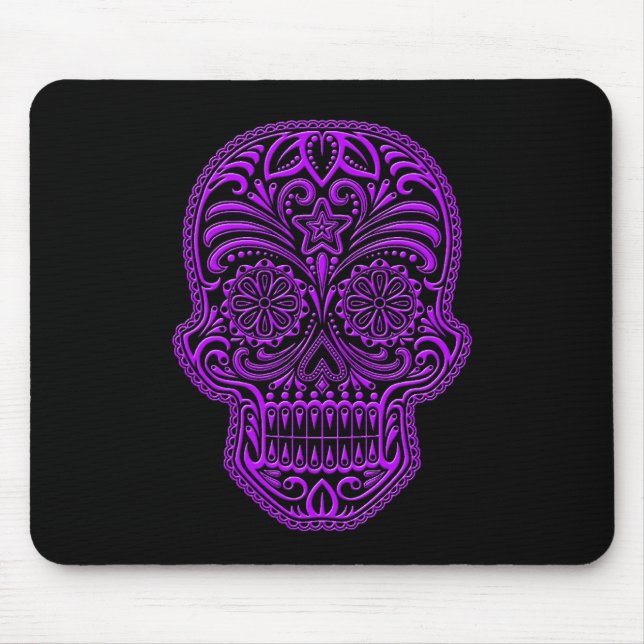 Mousepad Crânio roxo intrincado do açúcar no preto (Frente)