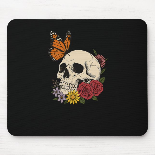 Mousepad Crânios Borboleta Monarca Flores Halloween Homens  (Frente)