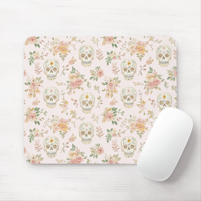 Mousepad Crânios de Açúcar Flores de Pêssego (Com mouse)