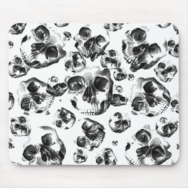 Mousepad Cránios Preto e Branco Padrão de Arte de Caveira (Frente)