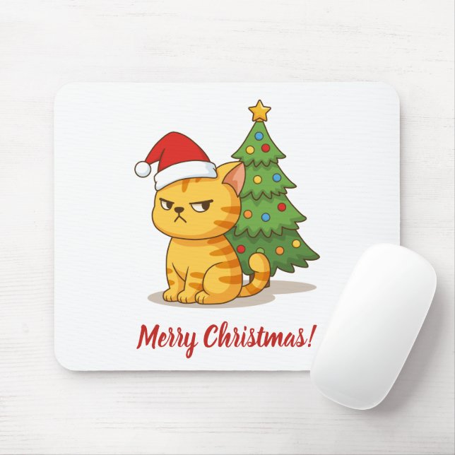 Mousepad Cranky Orange Tabby Cat Red Hat Christmas Tree (Com mouse)