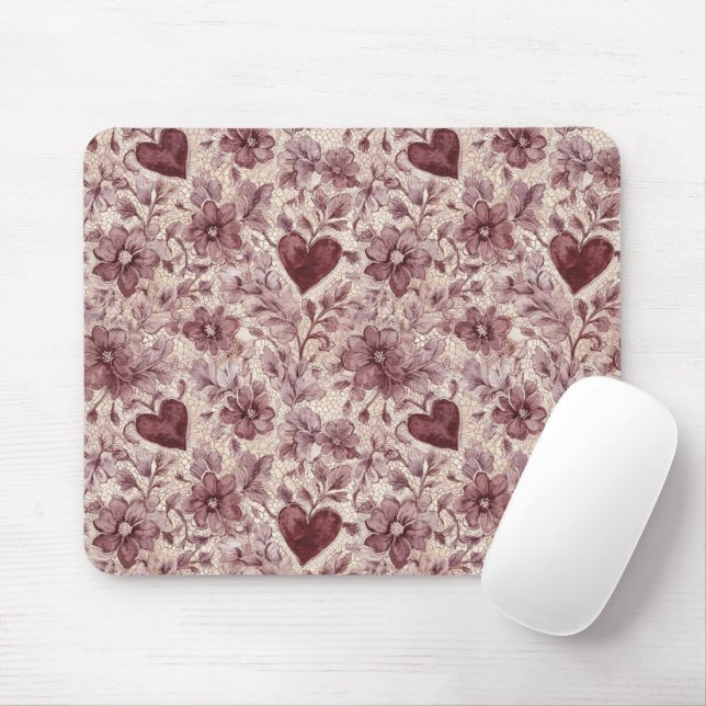 Mousepad Cream Burgundy Red Hearts Flowers (Com mouse)